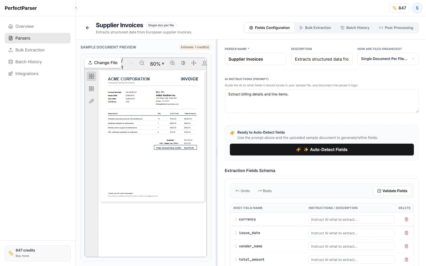 Field configuration screen showing sample document preview and configuration panels