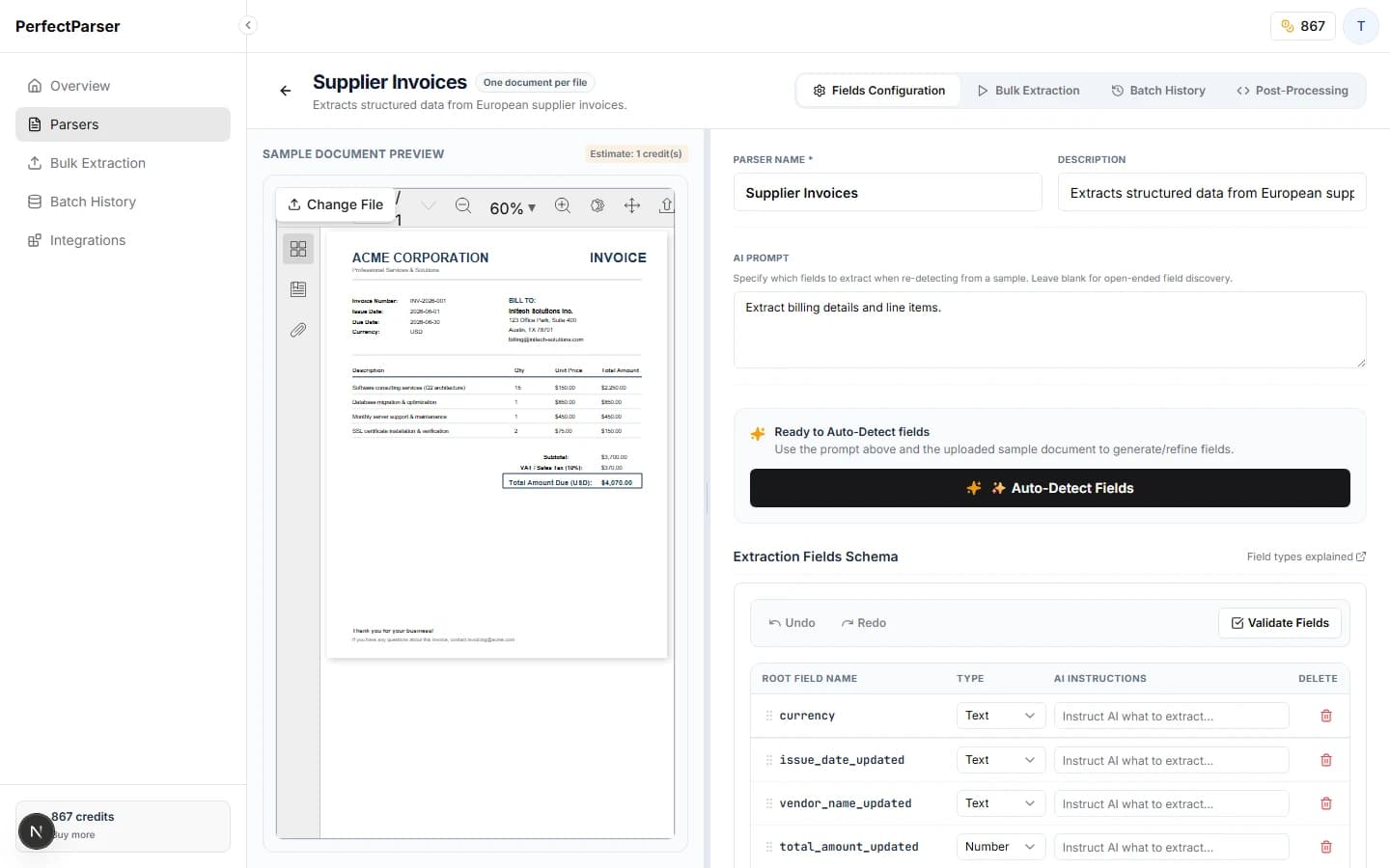 Field configuration screen showing sample document preview and configuration panels