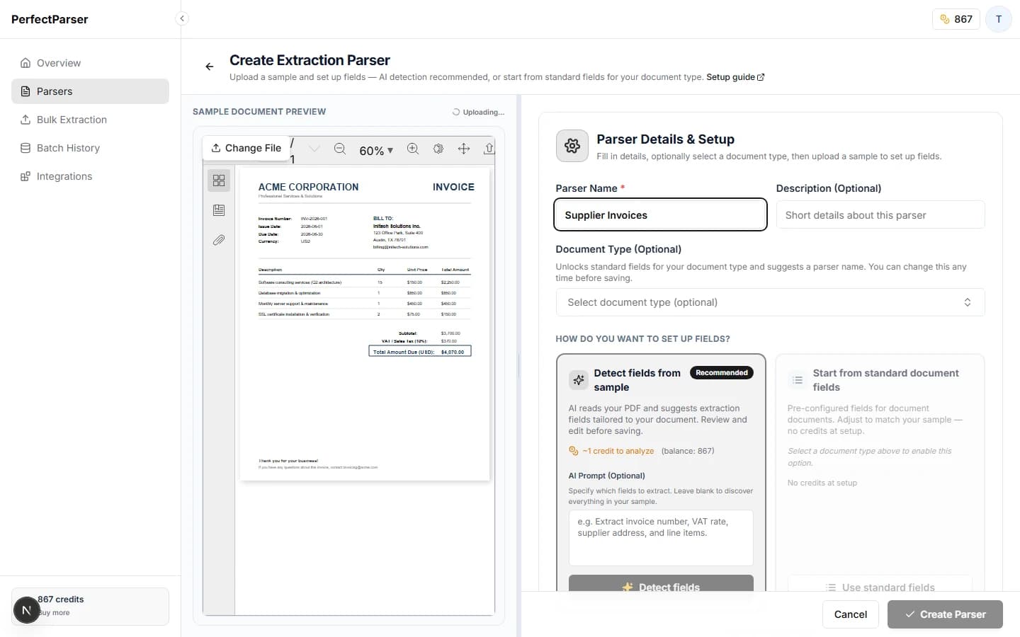Create Parser screen showing the name field and sample upload area