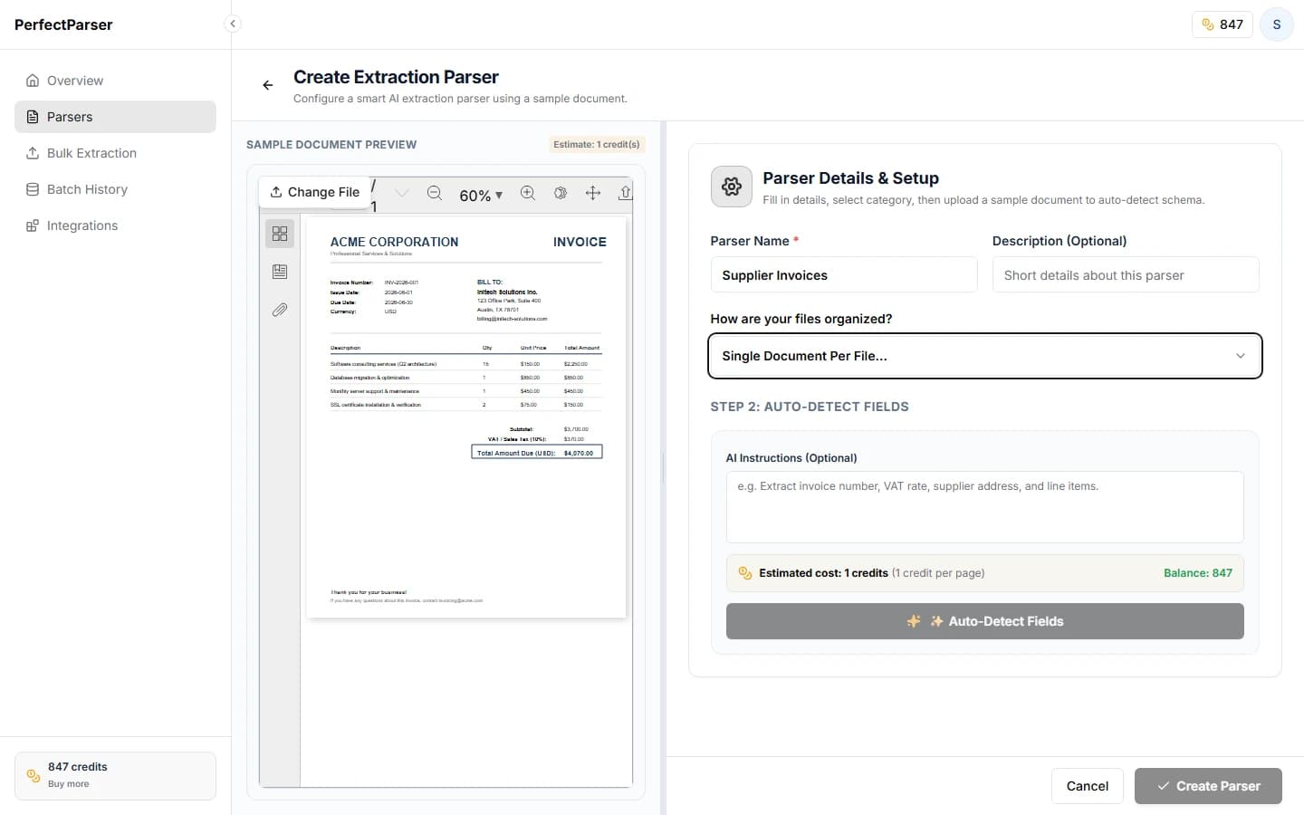 Create Parser screen showing the name field and sample upload area