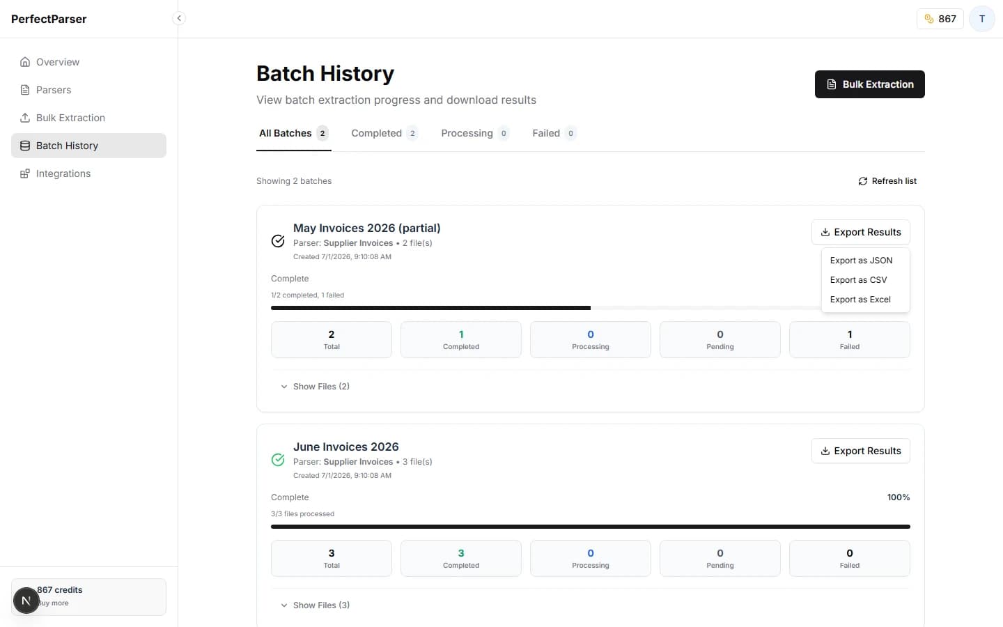 Batch History screen showing completed batch with export dropdown