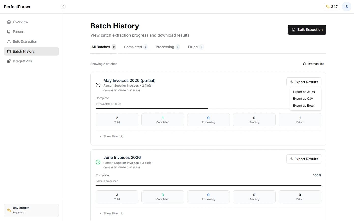 Batch History screen showing completed batch with export dropdown