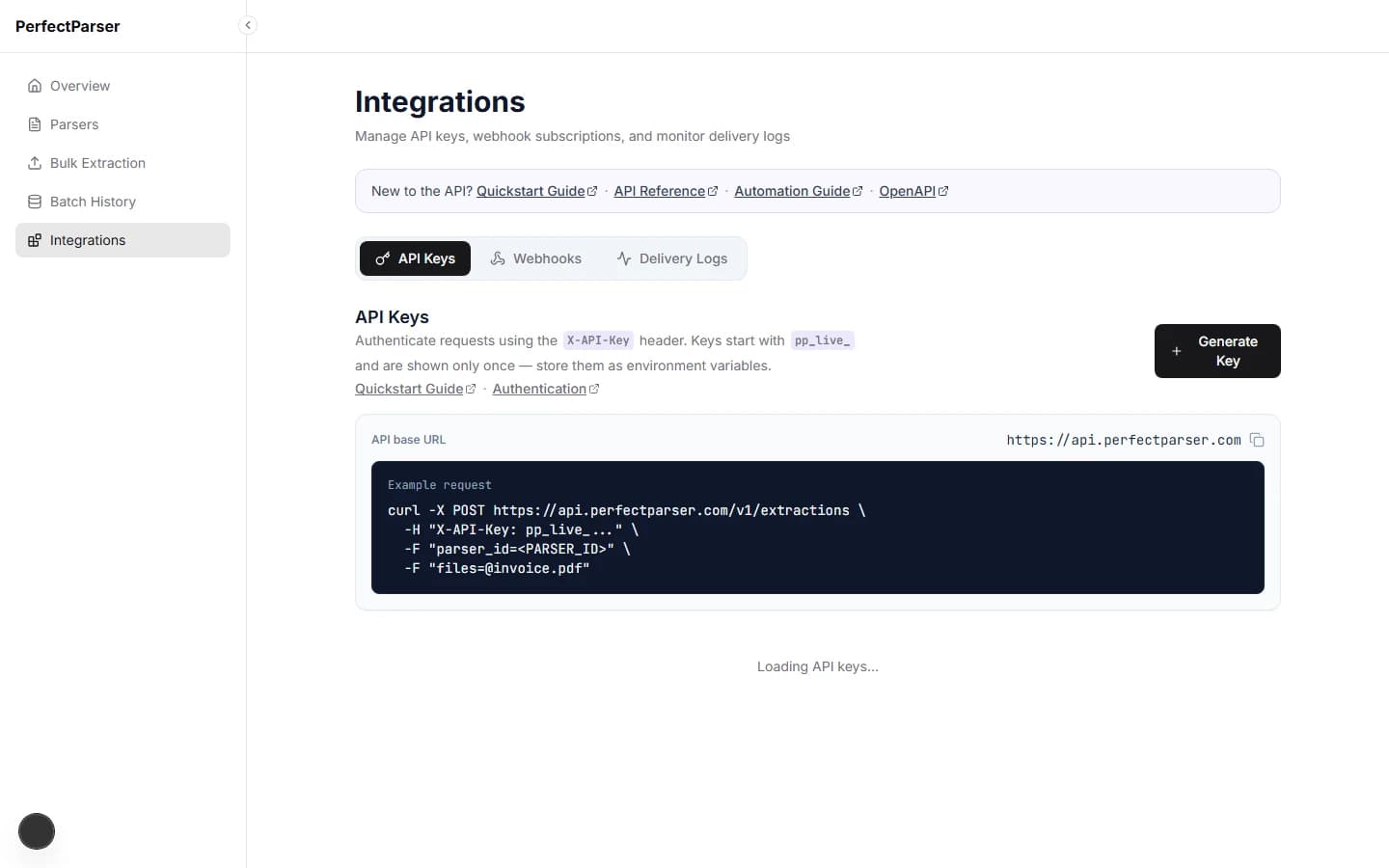 Integrations dashboard showing the API Keys and Webhooks tabs