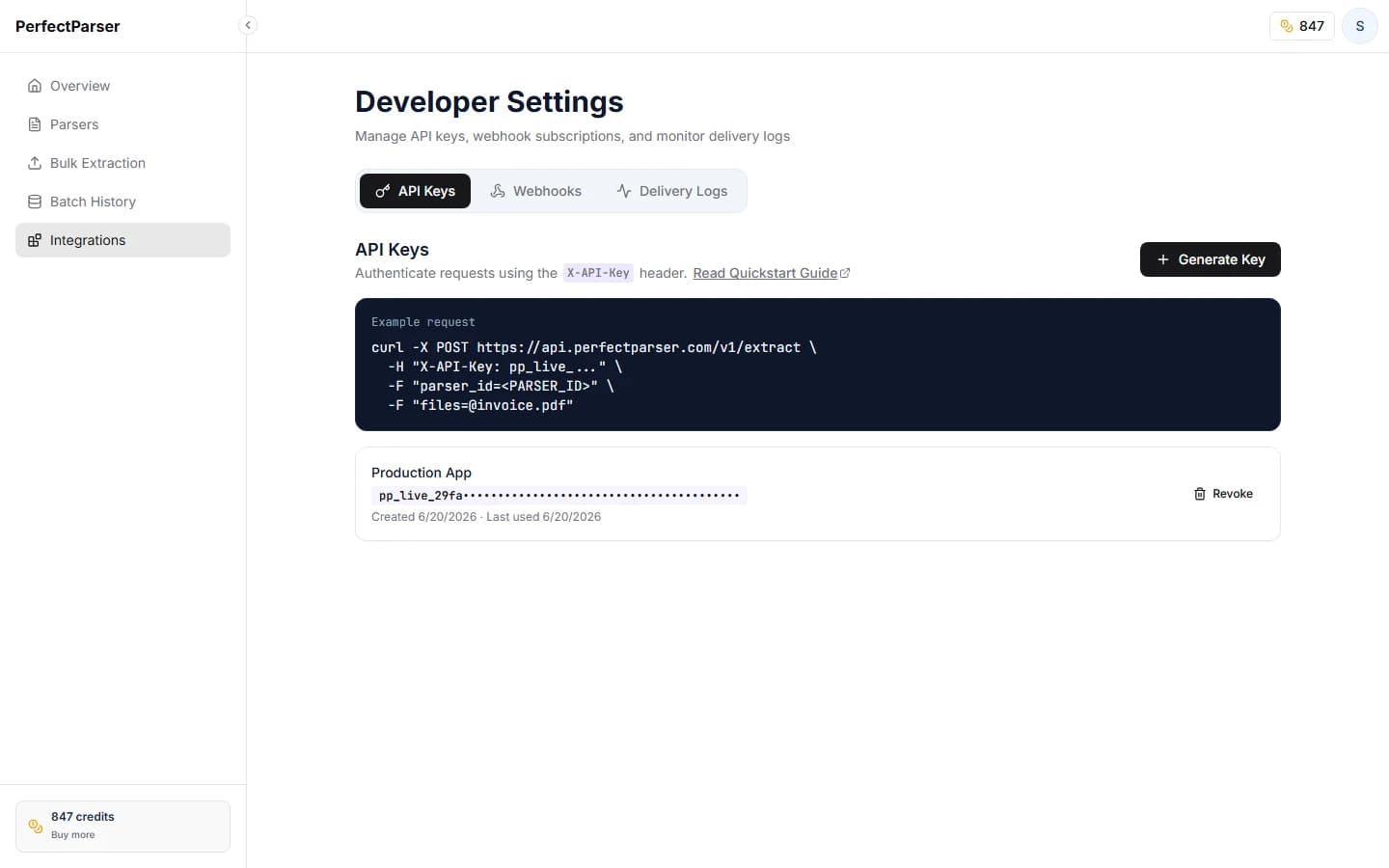 Integrations dashboard showing the API Keys and Webhooks tabs