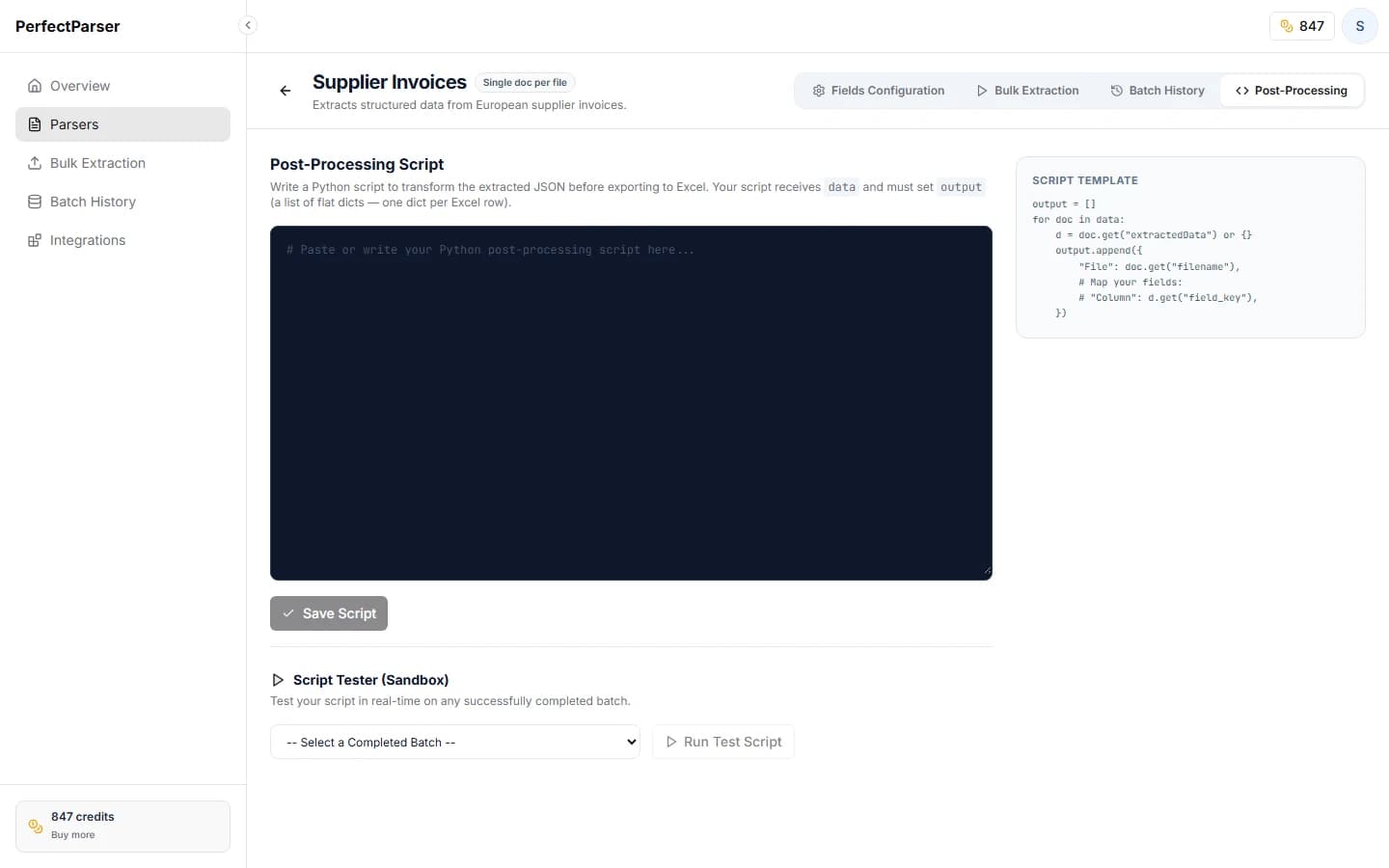 Post-processing code editor showing a Python script and a live preview of the output