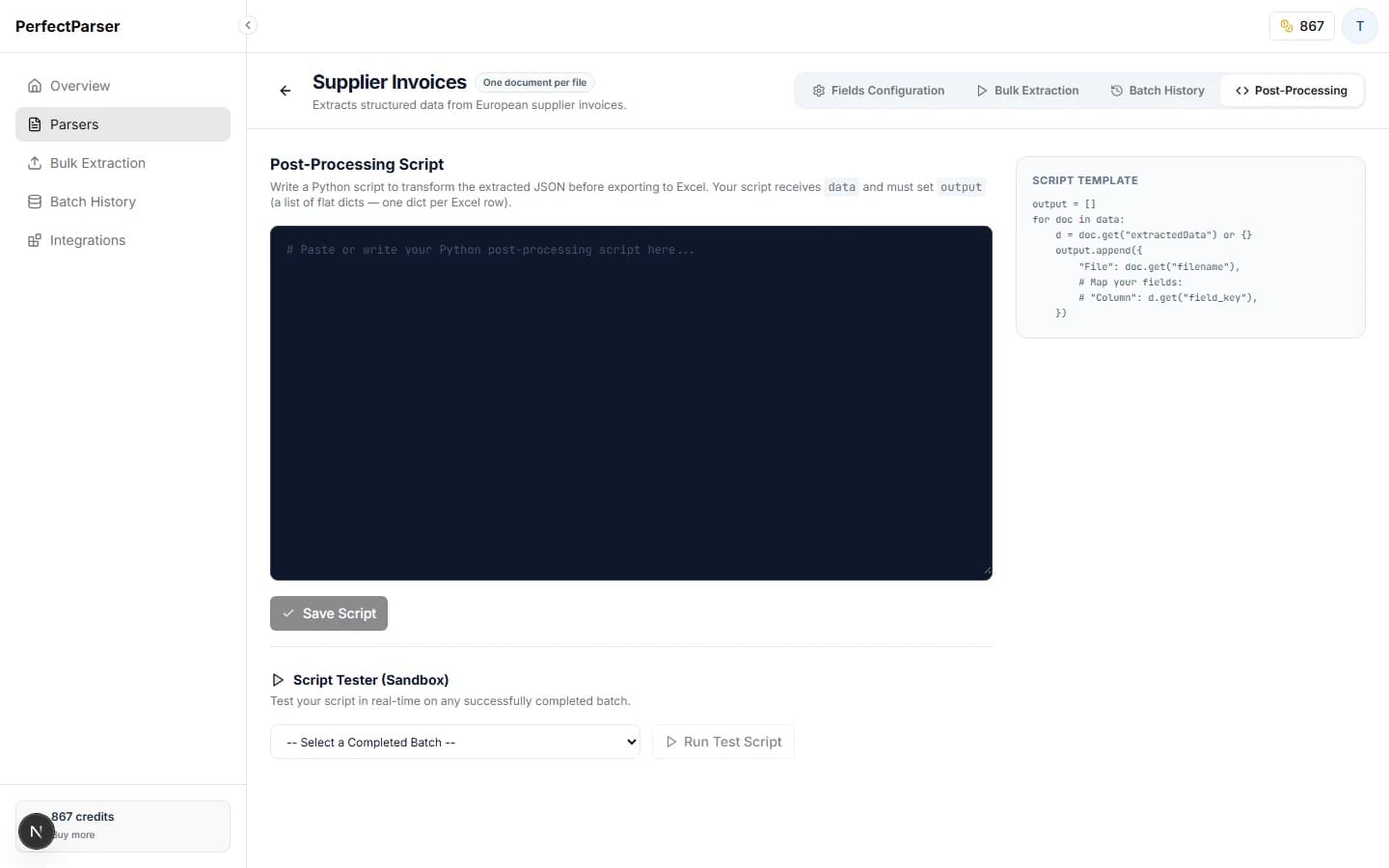 Post-processing code editor showing a Python script and a live preview of the output