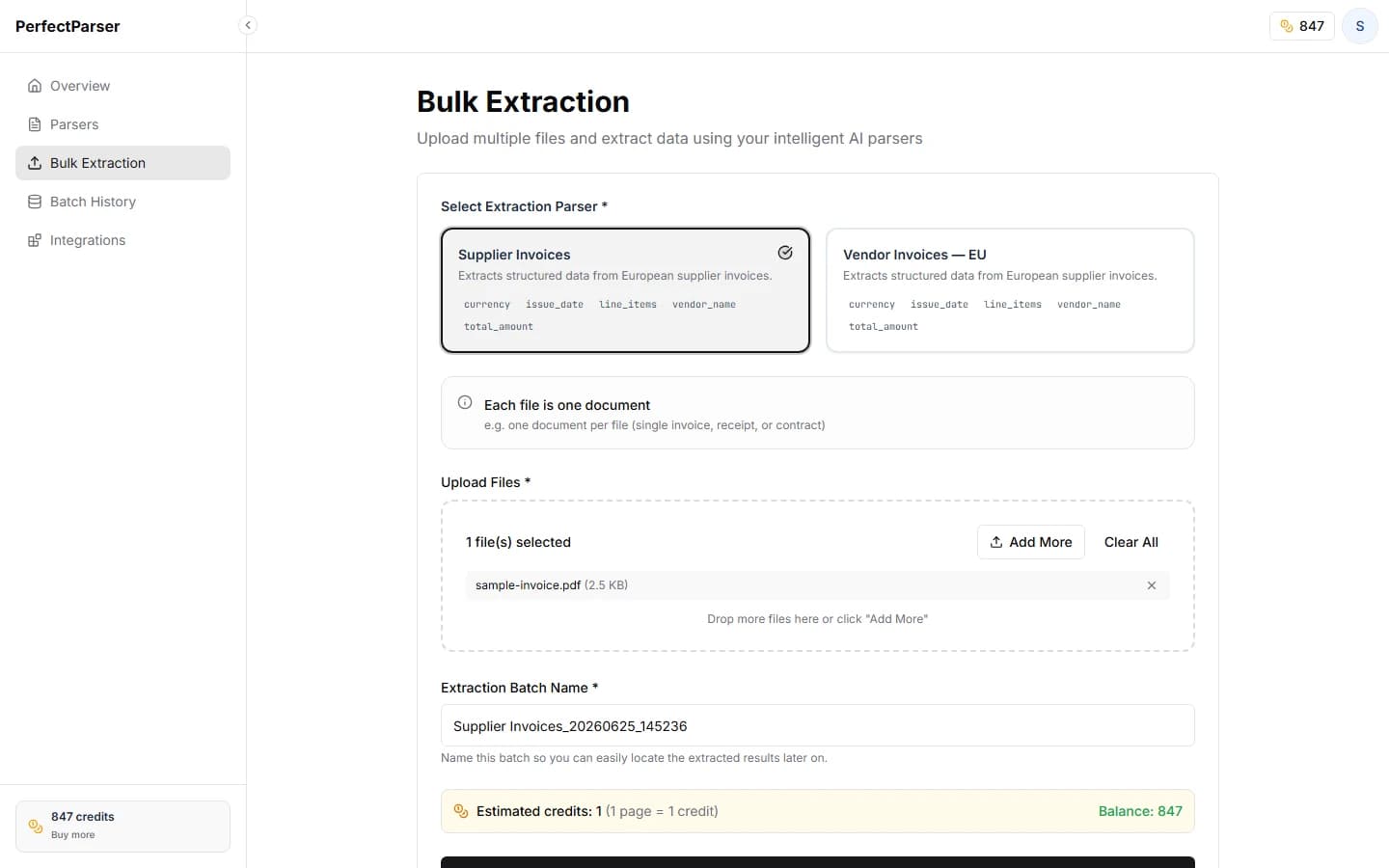 Bulk extraction upload screen with file dropzone and parser selector