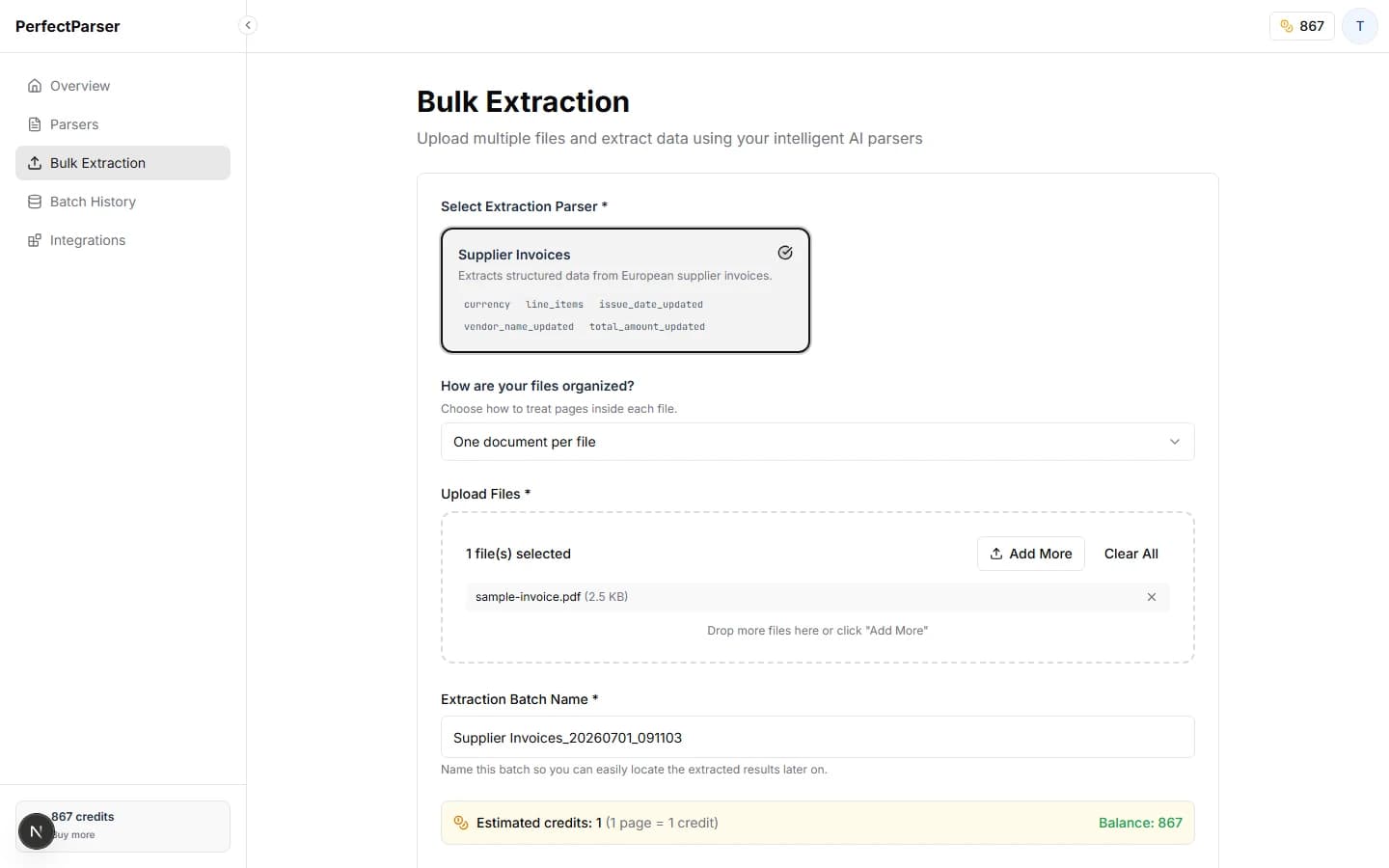 Bulk extraction upload screen with file dropzone and parser selector