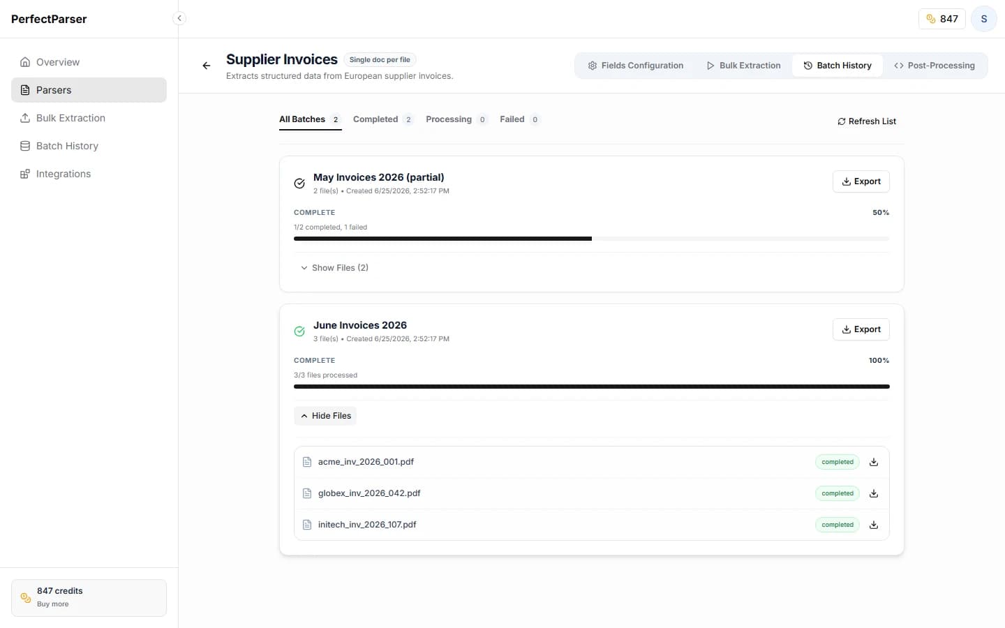 Viewing files and inspecting confidence in Batch History