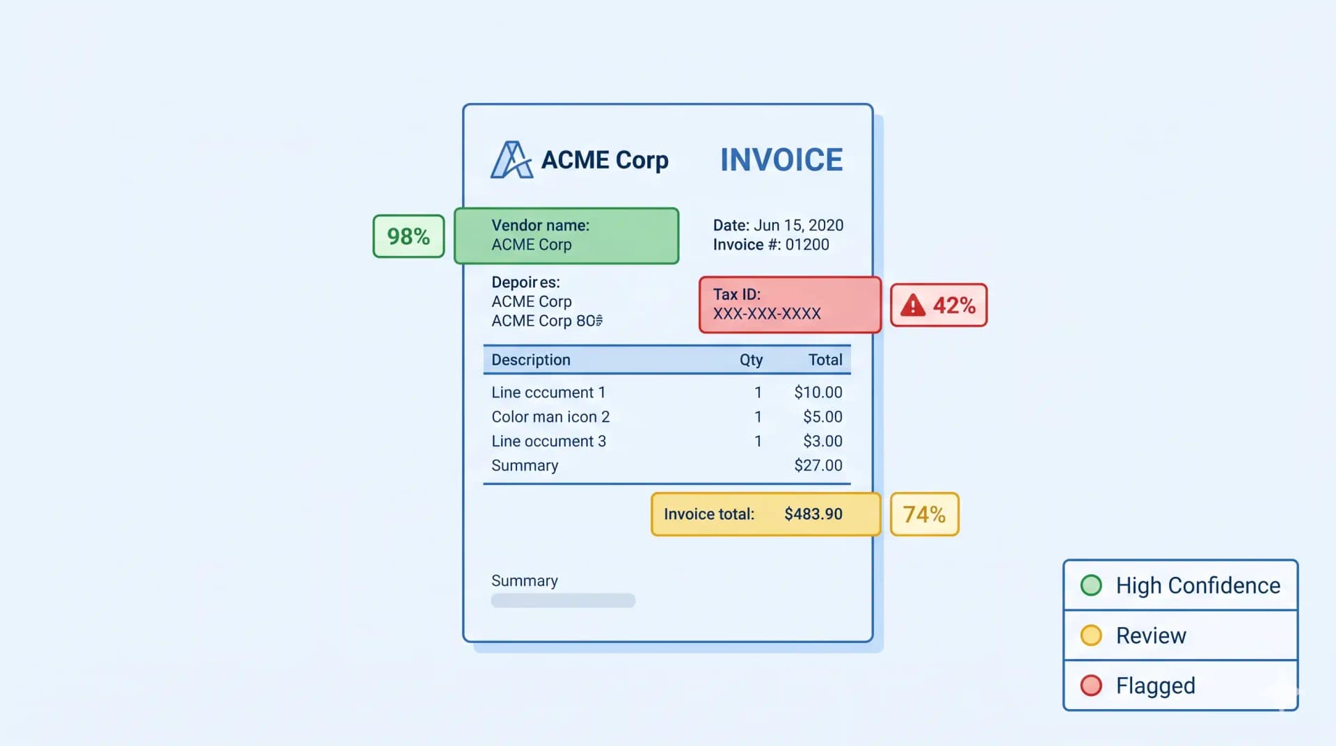 Confidence scoring mechanism highlighting low-confidence invoice fields for human review