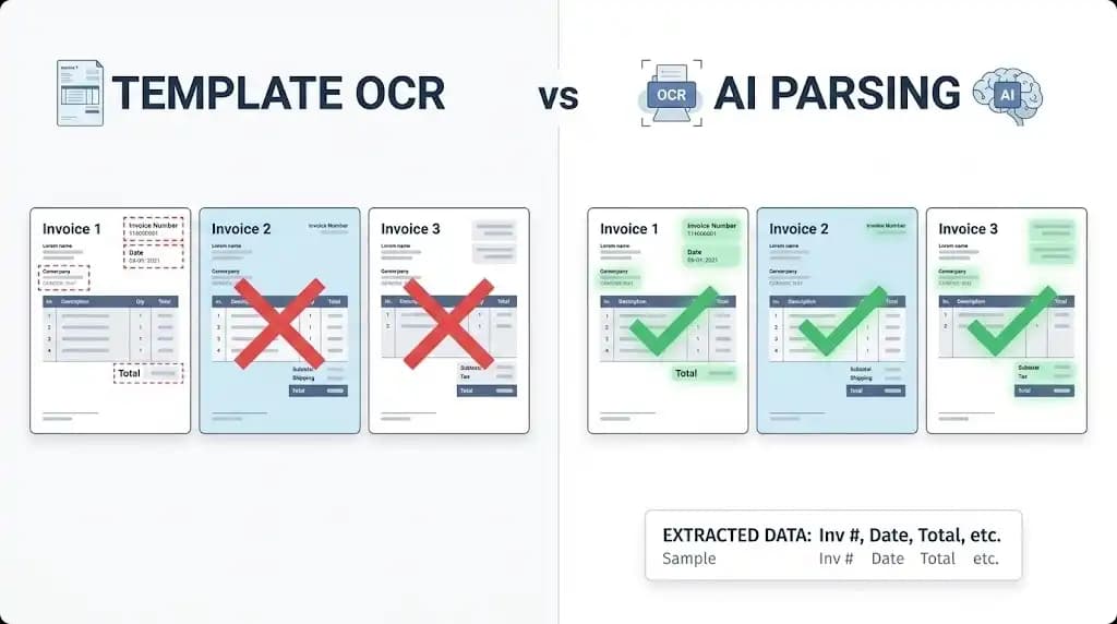 Comparison diagram of template-based OCR versus layout-agnostic AI invoice parsing