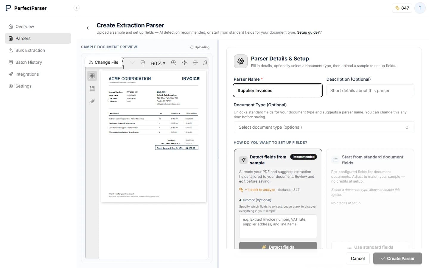 Create Parser screen showing the name field and sample upload area