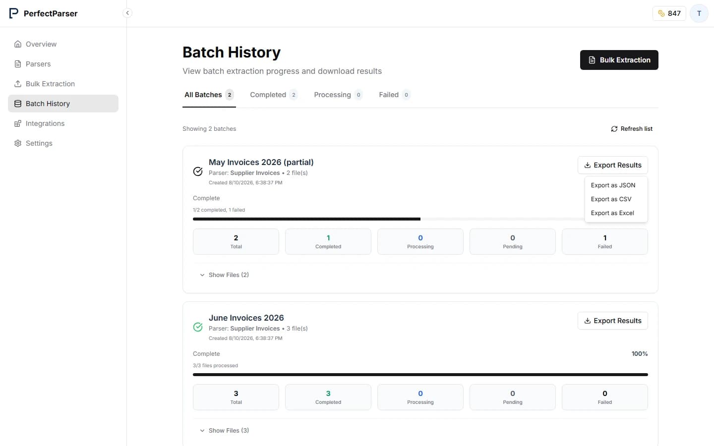 Batch History screen showing completed batch with export dropdown