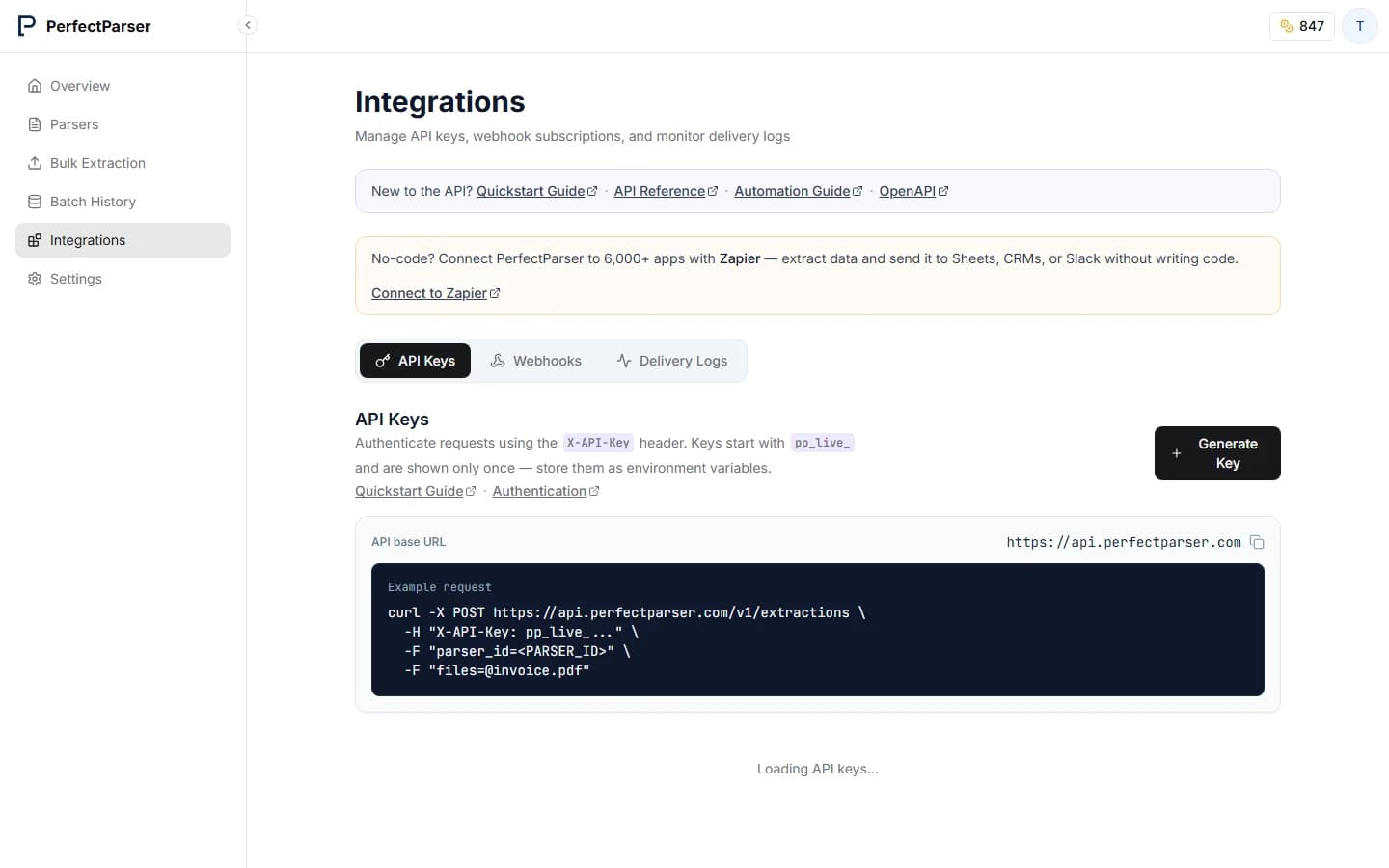 Integrations dashboard showing the API Keys and Webhooks tabs