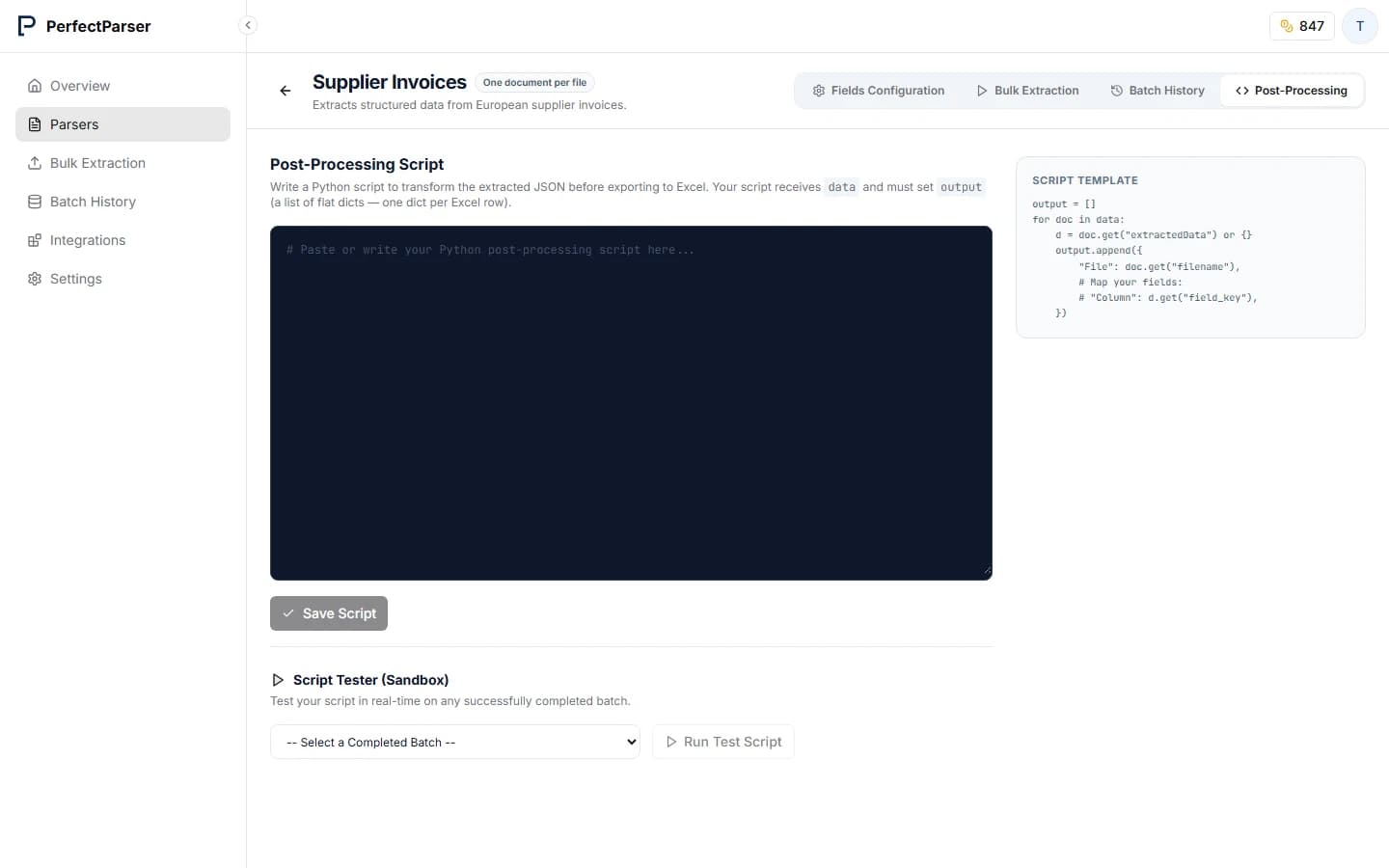 Post-processing code editor showing a Python script and a live preview of the output
