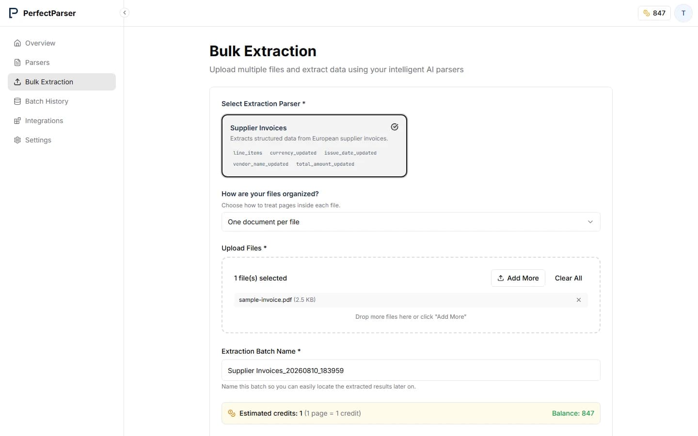 Bulk extraction upload screen with file dropzone and parser selector