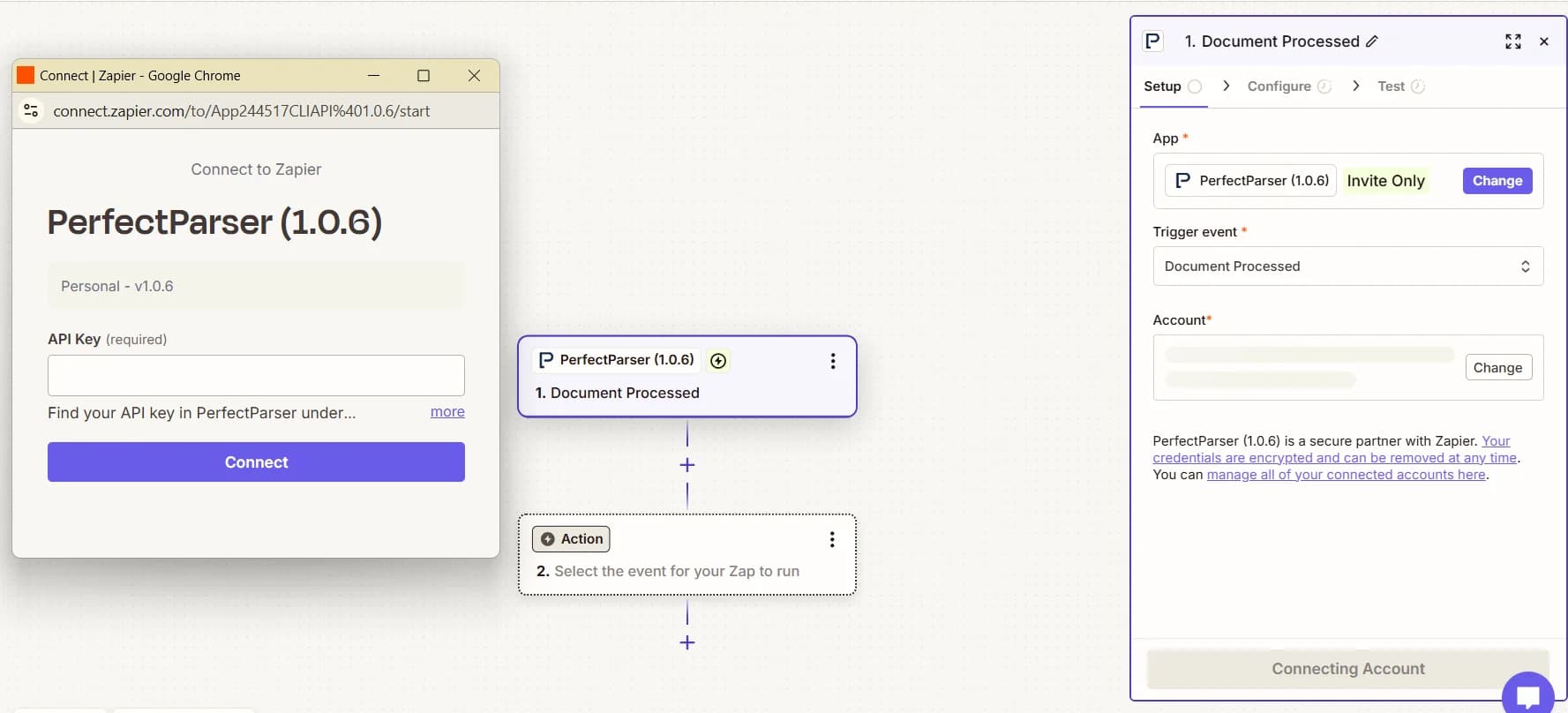 Zapier Connect PerfectParser dialog with API Key field