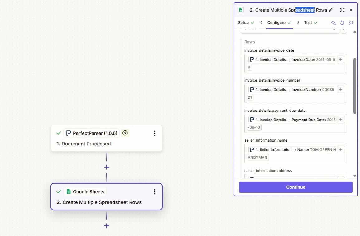 Google Sheets mapping panel with PerfectParser field labels