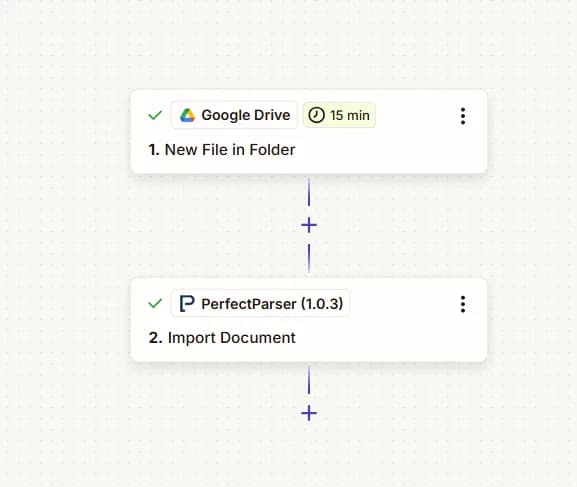 Import Document action with Parser and Document fields mapped