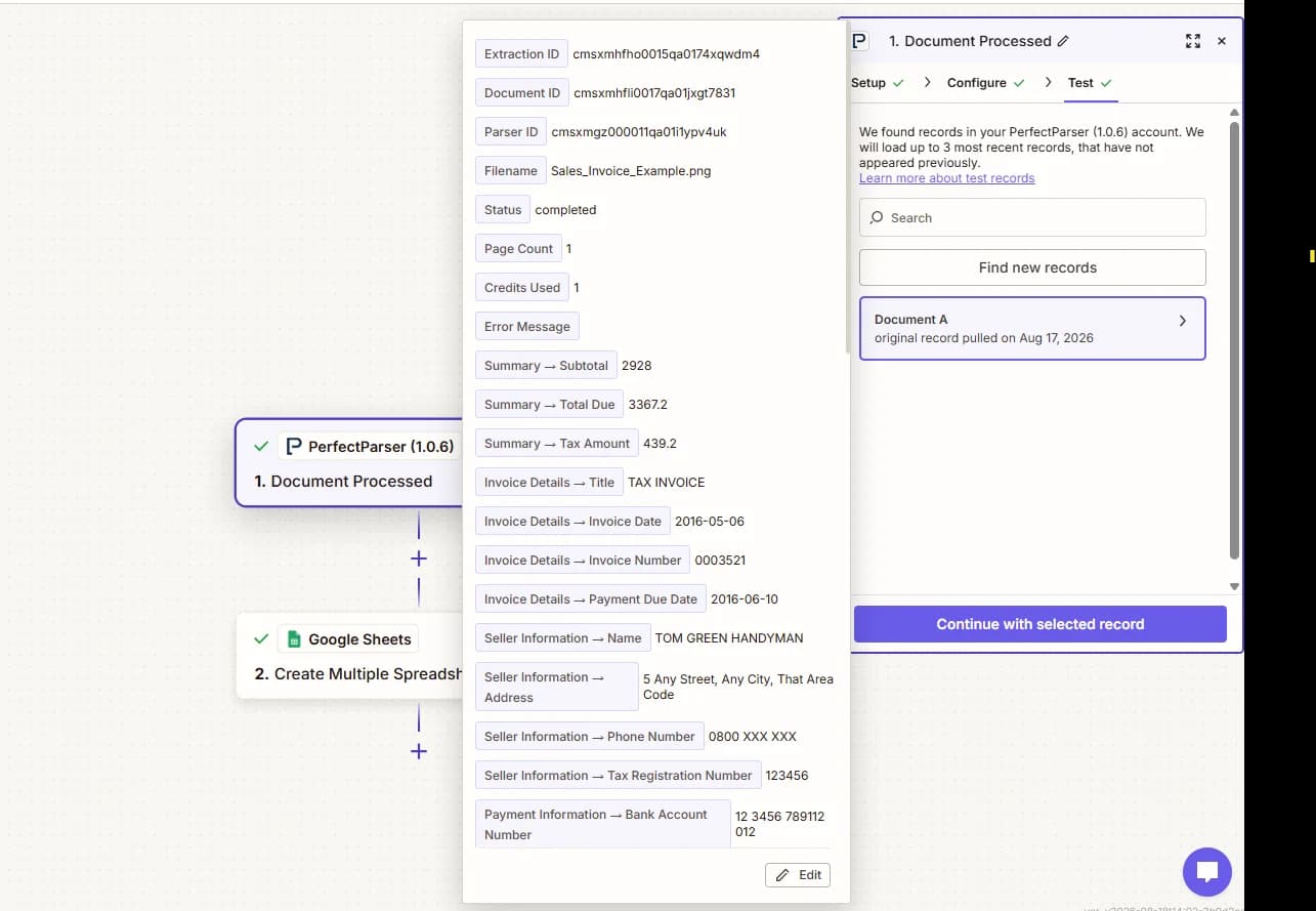 Document Processed trigger after Test trigger showing sample fields