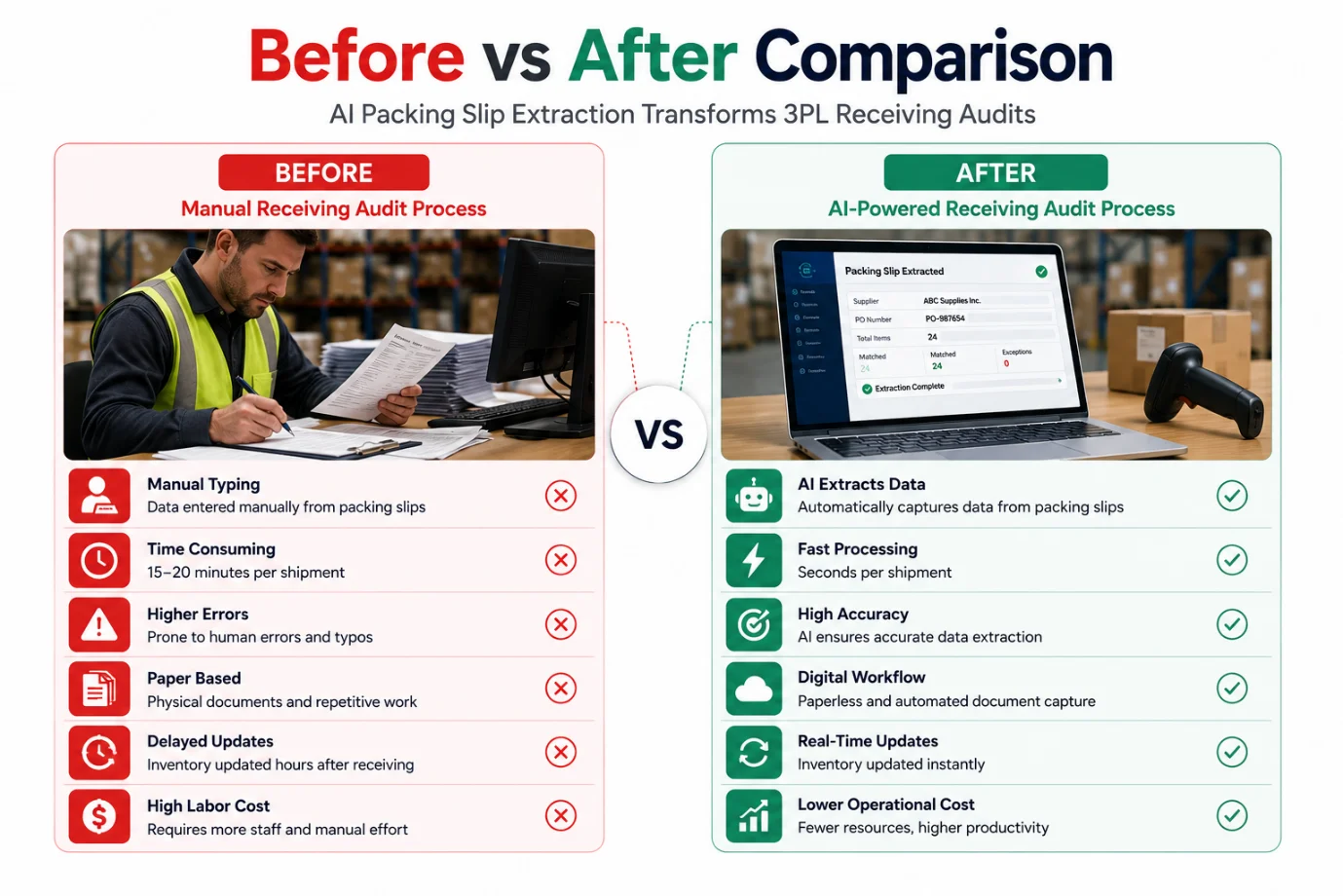 Before vs after comparison of AI-powered 3PL receiving audits
